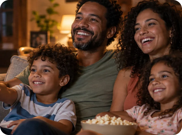 Família assistindo SKY TV junto no sofá